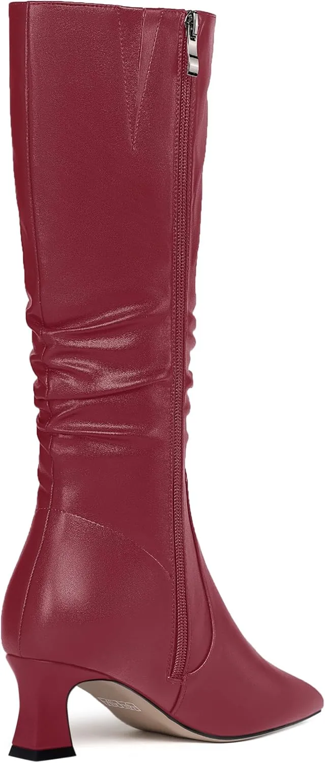 NUMALEO Womens Matte Zip Casual Bridal Fashion Pointed Toe Chunky High Heel Knee High Boots 2 Inch