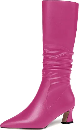 NUMALEO Womens Matte Zip Casual Bridal Fashion Pointed Toe Chunky High Heel Knee High Boots 2 Inch