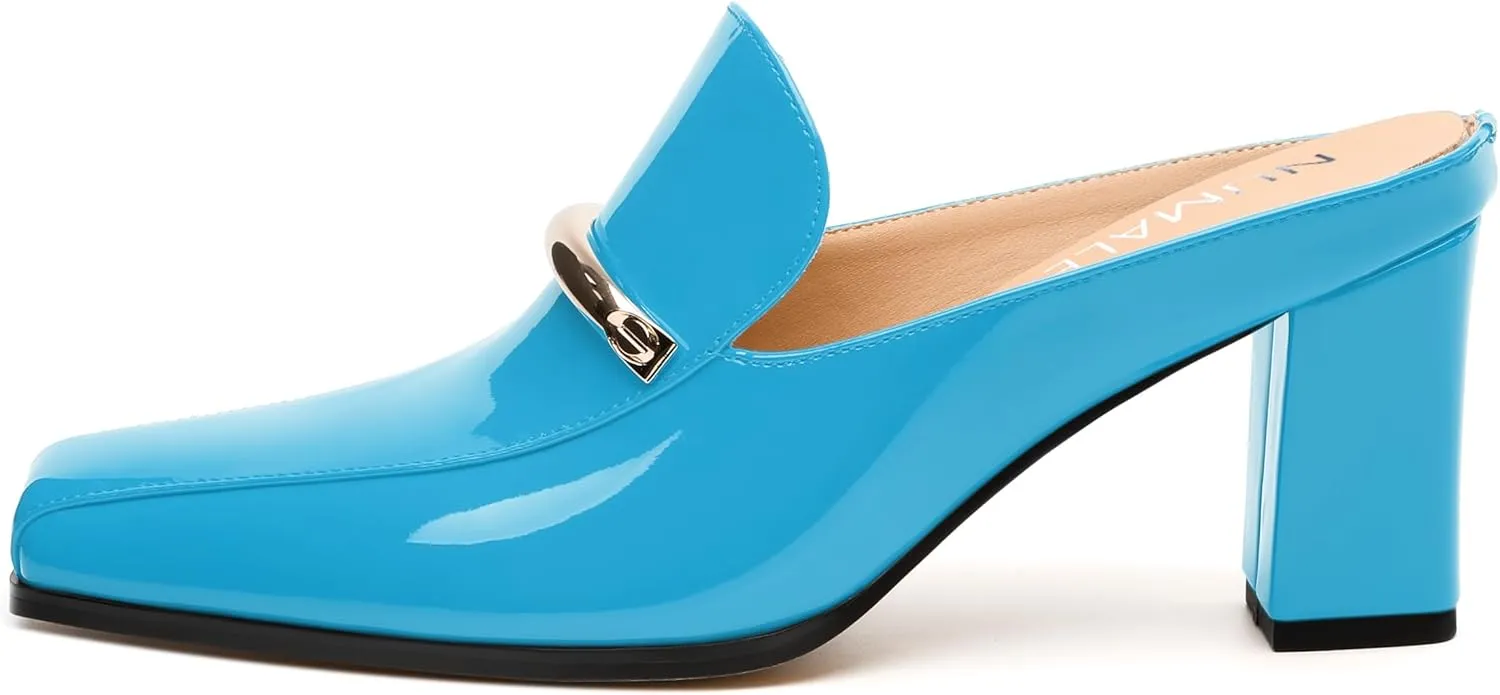 NUMALEO Womens Mules Chunky Block Heel Loafers Slip On Heeled Mules Closed Square Toe Heels Mules for Women Comfortable Dressy Backless Loafers Shoes for Office Work Casual