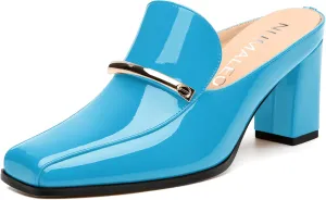 NUMALEO Womens Mules Chunky Block Heel Loafers Slip On Heeled Mules Closed Square Toe Heels Mules for Women Comfortable Dressy Backless Loafers Shoes for Office Work Casual