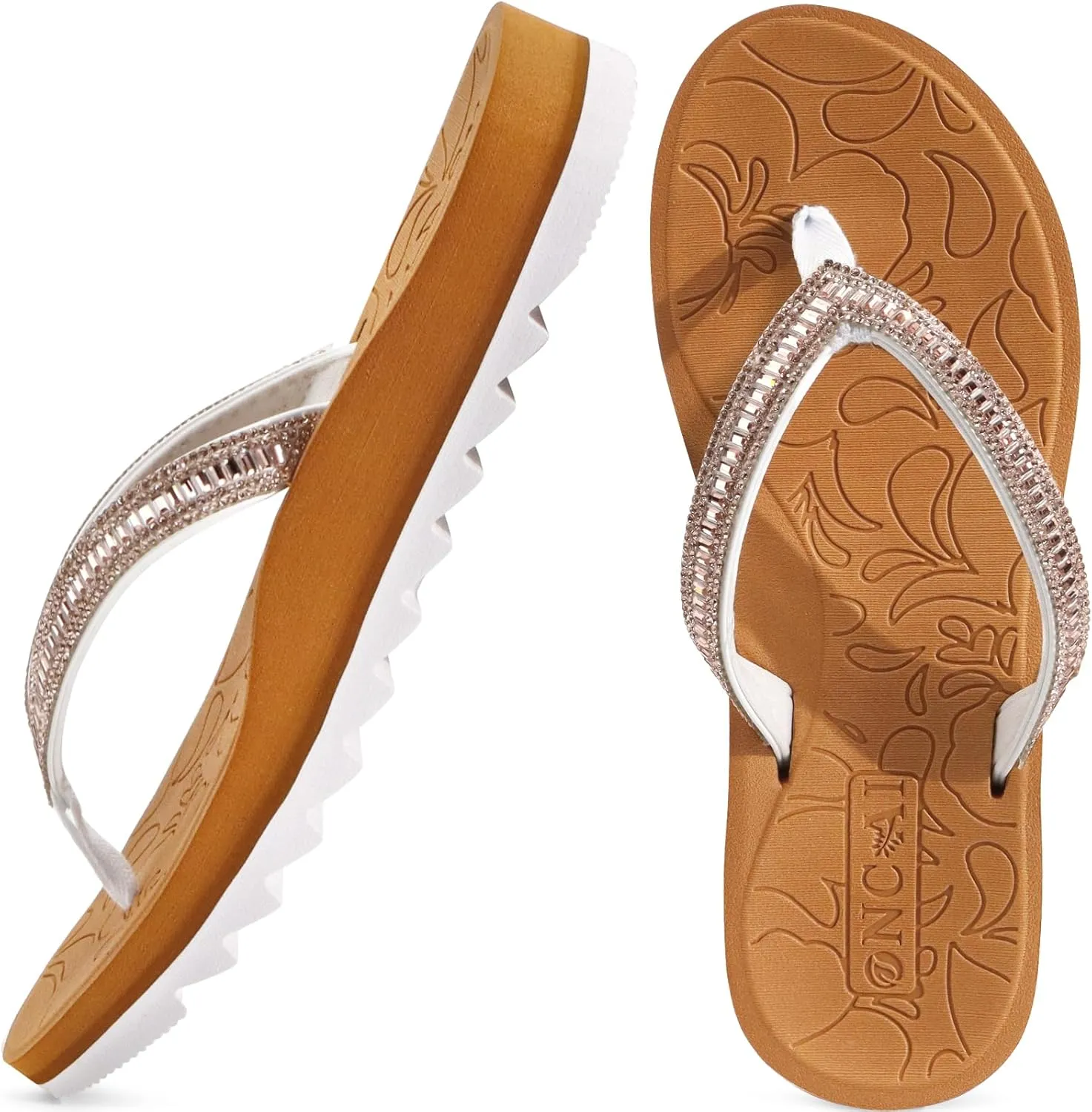 ONCAI Flip Flops for Women, Beach Thong Sandals Womens with Arch Support, Dressy Rhinestone Comfortable Yoga Mat and Non Slip Rubber Soles for Summer US Size 5-11