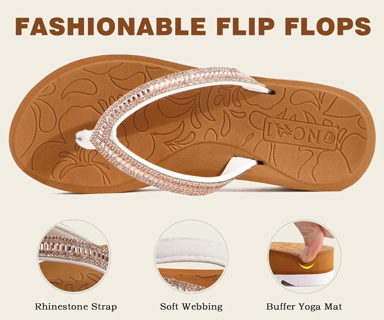ONCAI Flip Flops for Women, Beach Thong Sandals Womens with Arch Support, Dressy Rhinestone Comfortable Yoga Mat and Non Slip Rubber Soles for Summer US Size 5-11