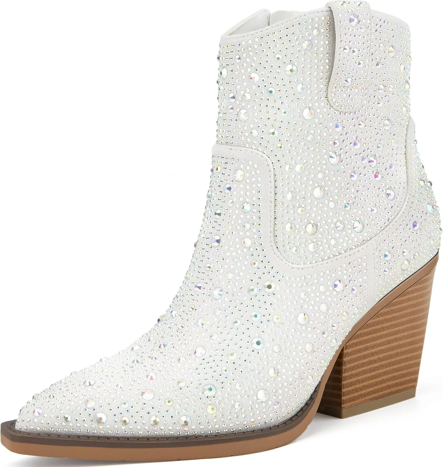 OOHRHN Women's Color Rhinestone Boots Glitter Sparkly Cowboy Booties Chunky Block Heel Pearl Detail Pointed Toe Bridal Wedding Western Ankle Boots Cowgirl Short Boots