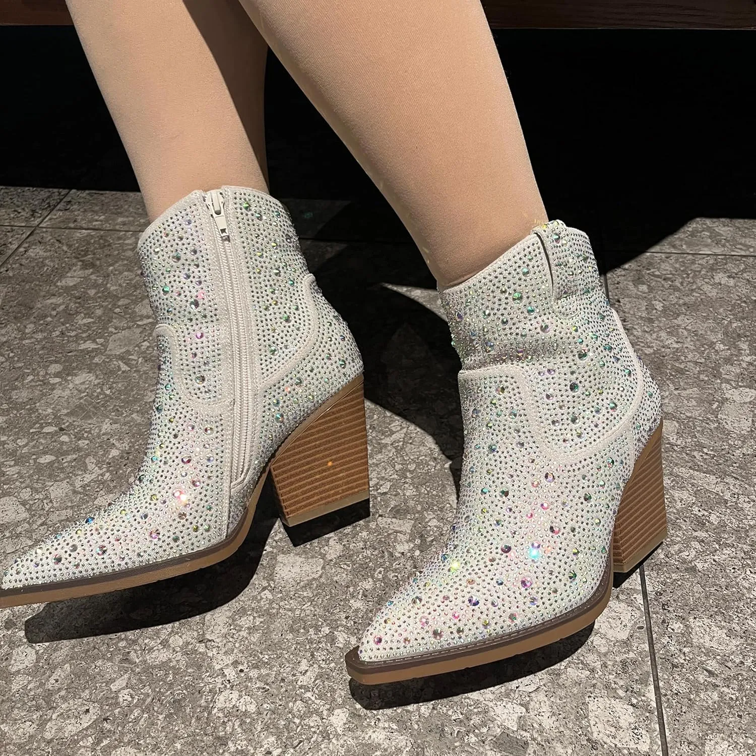 OOHRHN Women's Color Rhinestone Boots Glitter Sparkly Cowboy Booties Chunky Block Heel Pearl Detail Pointed Toe Bridal Wedding Western Ankle Boots Cowgirl Short Boots