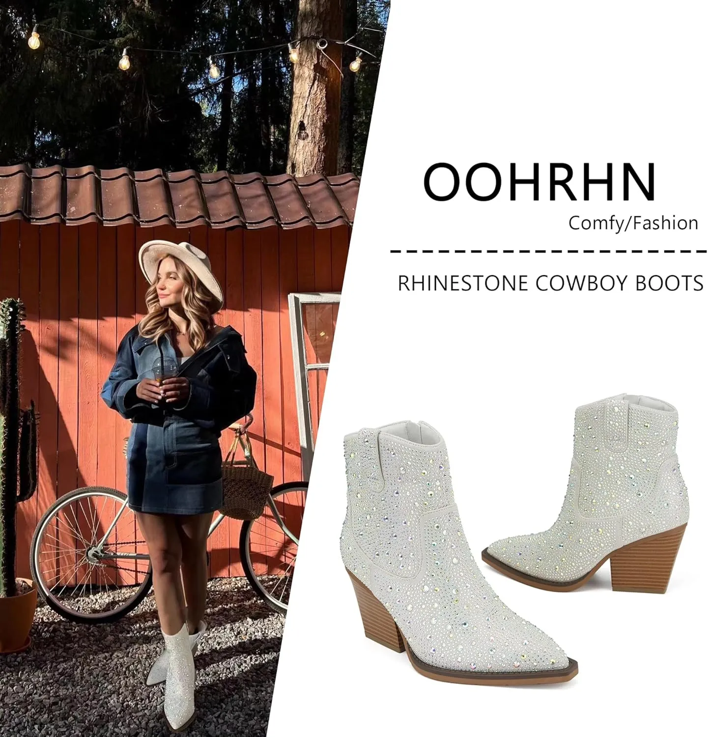OOHRHN Women's Color Rhinestone Boots Glitter Sparkly Cowboy Booties Chunky Block Heel Pearl Detail Pointed Toe Bridal Wedding Western Ankle Boots Cowgirl Short Boots