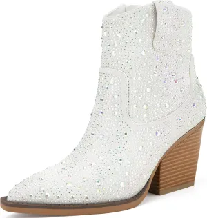 OOHRHN Women's Color Rhinestone Boots Glitter Sparkly Cowboy Booties Chunky Block Heel Pearl Detail Pointed Toe Bridal Wedding Western Ankle Boots Cowgirl Short Boots