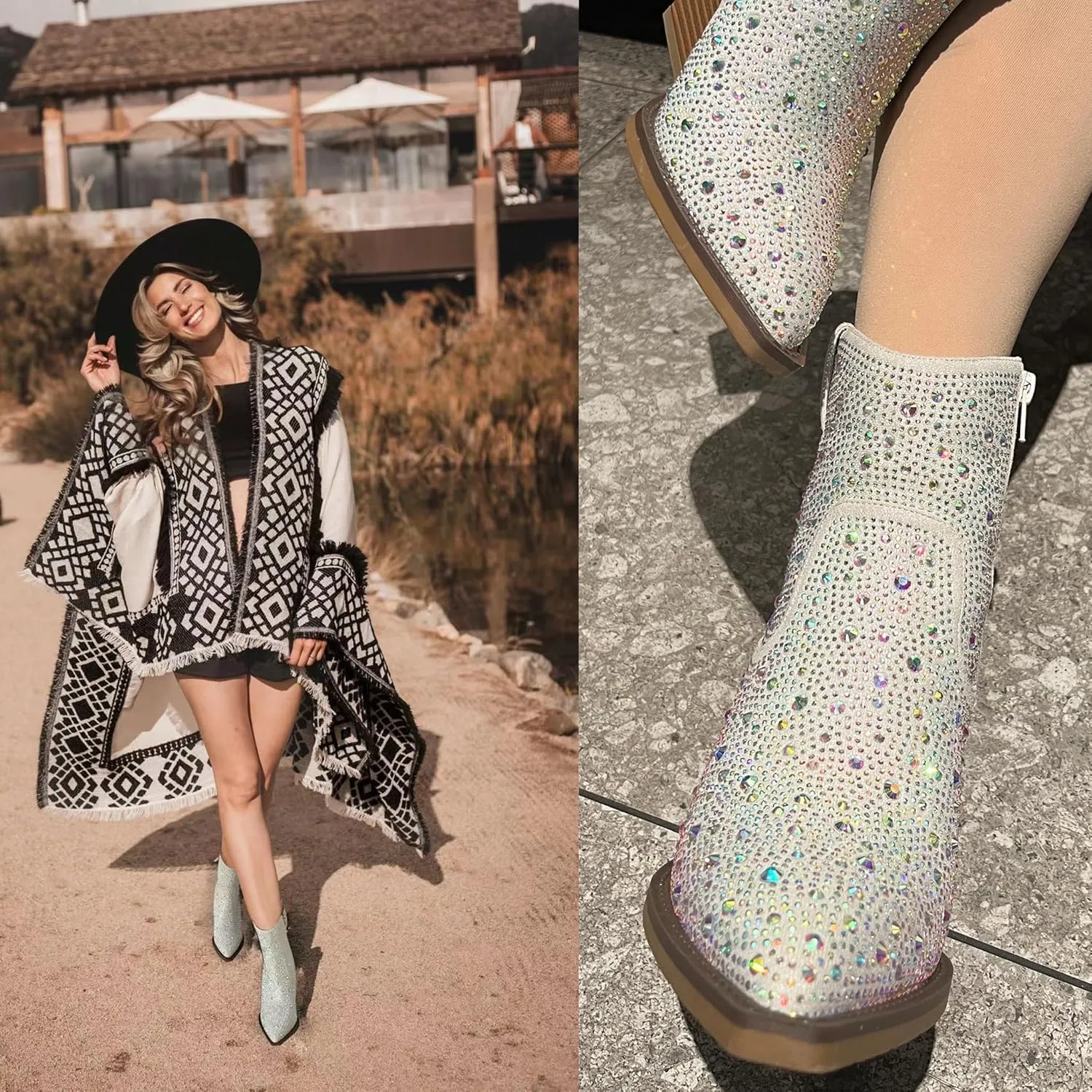 OOHRHN Women's Color Rhinestone Boots Glitter Sparkly Cowboy Booties Chunky Block Heel Pearl Detail Pointed Toe Bridal Wedding Western Ankle Boots Cowgirl Short Boots