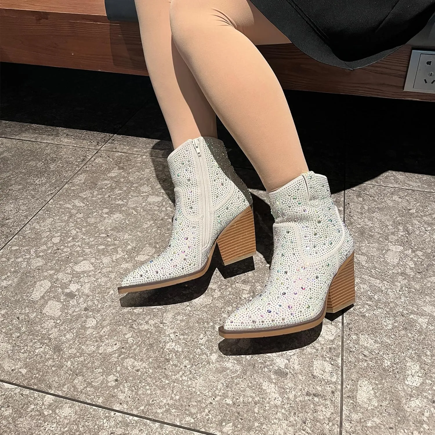 OOHRHN Women's Color Rhinestone Boots Glitter Sparkly Cowboy Booties Chunky Block Heel Pearl Detail Pointed Toe Bridal Wedding Western Ankle Boots Cowgirl Short Boots