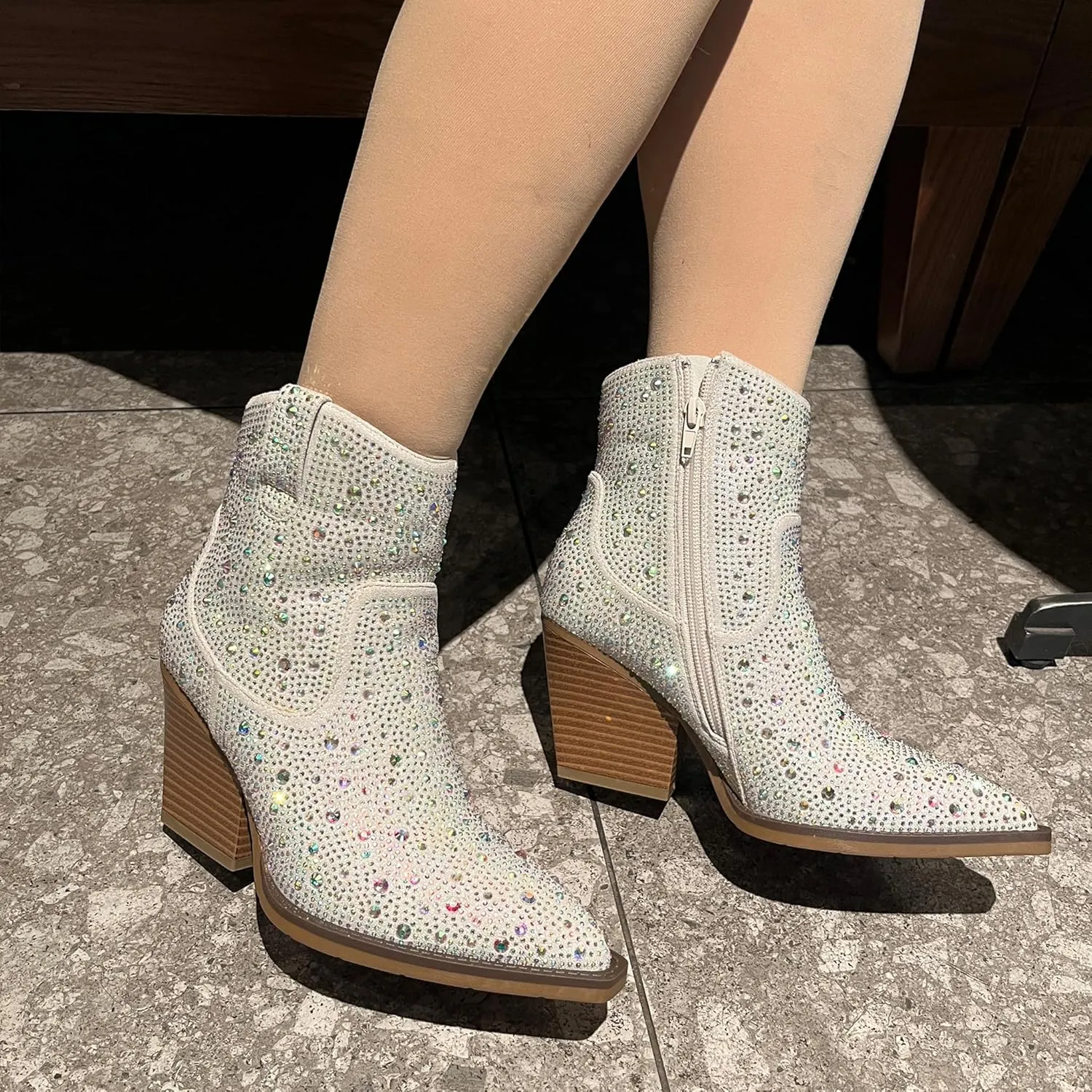 OOHRHN Women's Color Rhinestone Boots Glitter Sparkly Cowboy Booties Chunky Block Heel Pearl Detail Pointed Toe Bridal Wedding Western Ankle Boots Cowgirl Short Boots