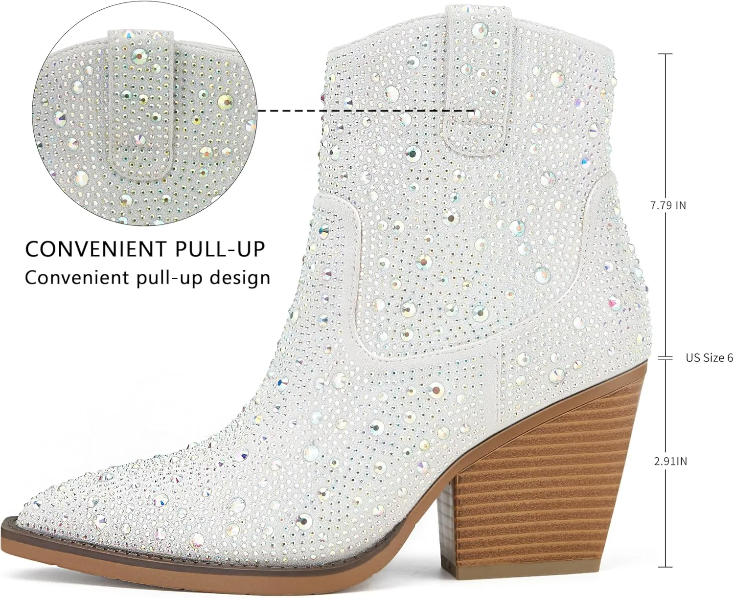 OOHRHN Women's Color Rhinestone Boots Glitter Sparkly Cowboy Booties Chunky Block Heel Pearl Detail Pointed Toe Bridal Wedding Western Ankle Boots Cowgirl Short Boots