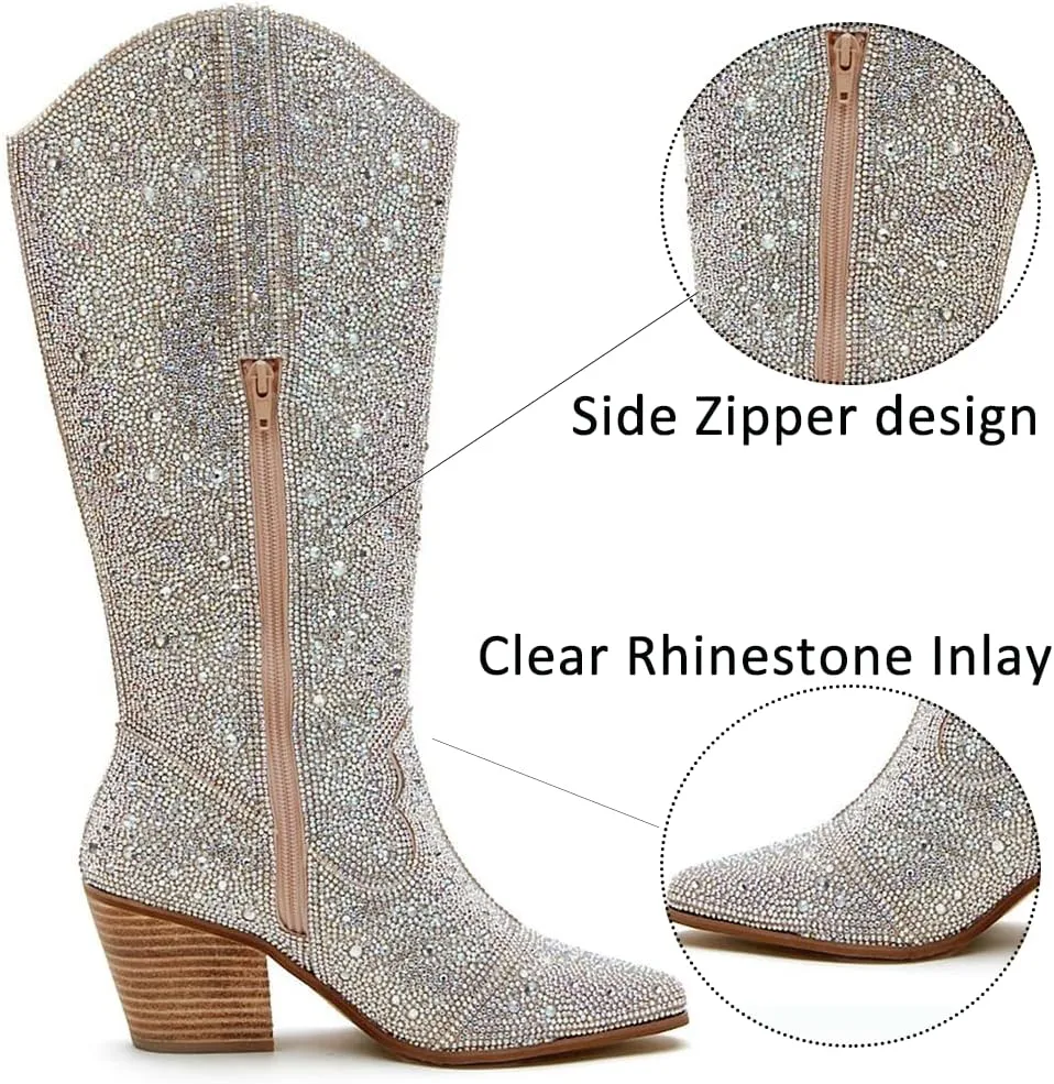 Ouepiano Women's Cowgirl Ankle Boots Western Rhinestones Pointed Toe Low Chunky Heel Pull On Short Cowboy Boots for Women,Girl,Party