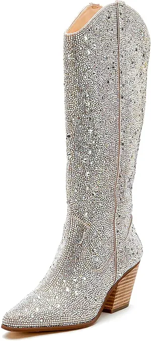 Ouepiano Women's Cowgirl Ankle Boots Western Rhinestones Pointed Toe Low Chunky Heel Pull On Short Cowboy Boots for Women,Girl,Party
