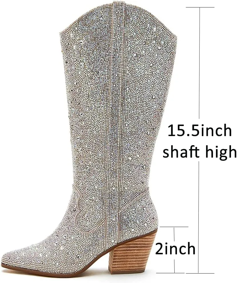 Ouepiano Women's Cowgirl Ankle Boots Western Rhinestones Pointed Toe Low Chunky Heel Pull On Short Cowboy Boots for Women,Girl,Party