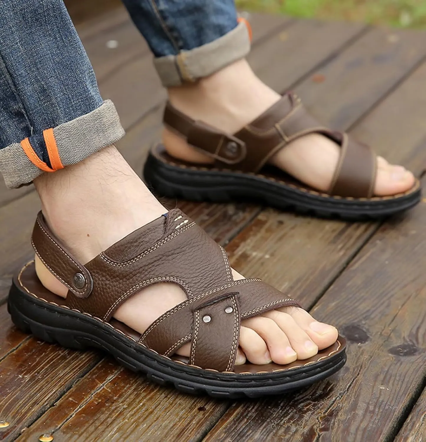 Outdoor Beach Sandals Leather Slippers for Men Walking Sandals Waterproof Breathale Non Slip Hiking Fisherman Sandals