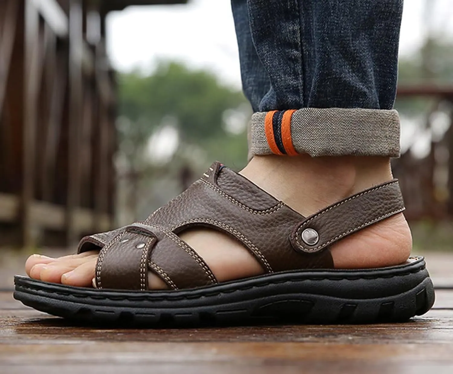Outdoor Beach Sandals Leather Slippers for Men Walking Sandals Waterproof Breathale Non Slip Hiking Fisherman Sandals