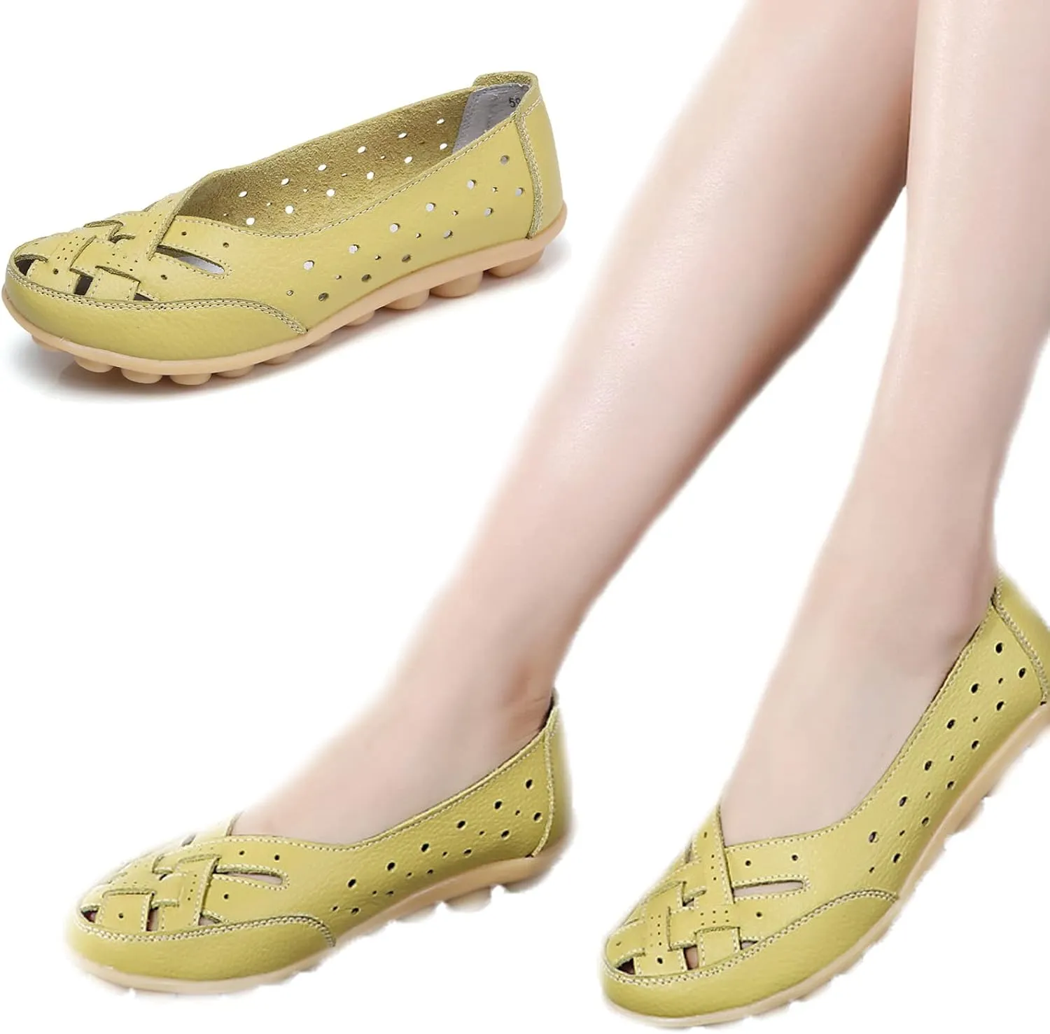 Owlkay Shoes for Women, Owlkay New Casual Women Shoes, Women's Cowhide Leather Shoes Loafers Flats Sandals Slip-On Cutout