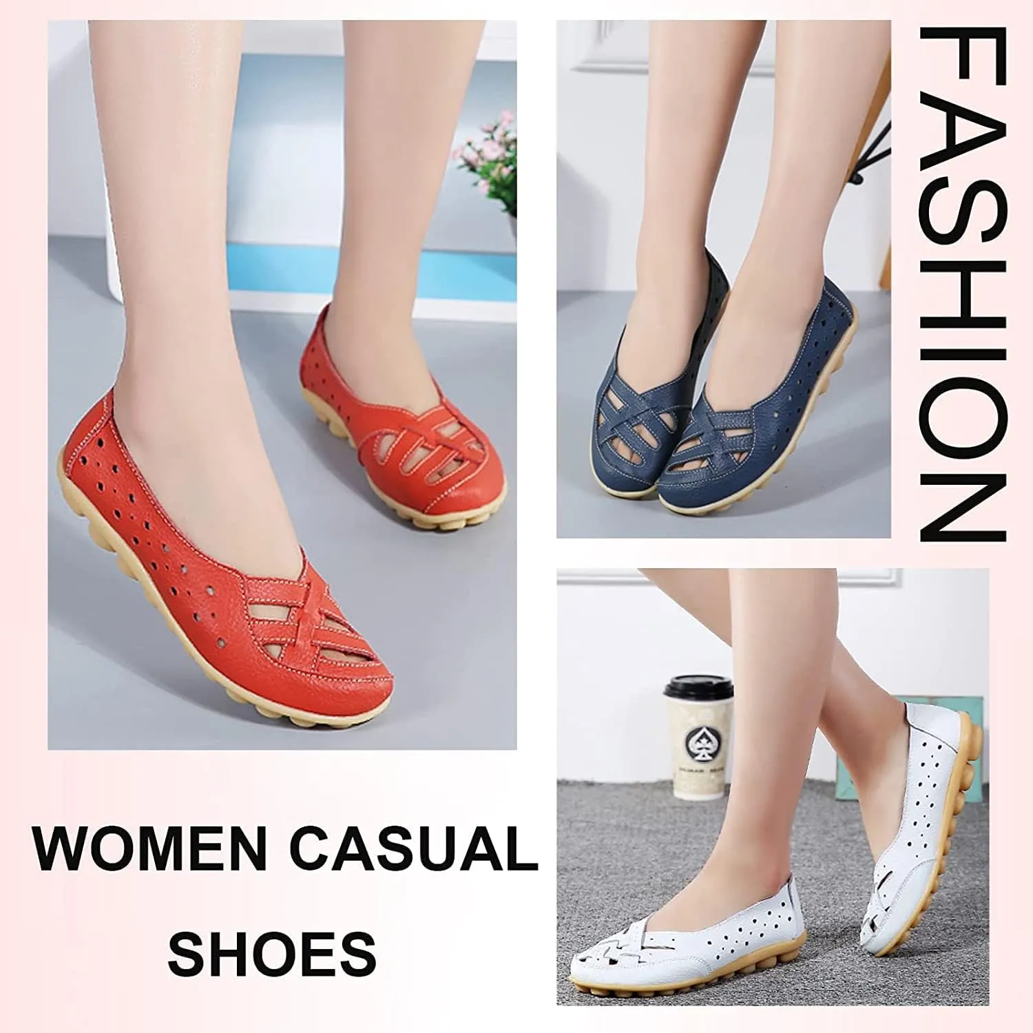 Owlkay Shoes for Women, Owlkay New Casual Women Shoes, Women's Cowhide Leather Shoes Loafers Flats Sandals Slip-On Cutout