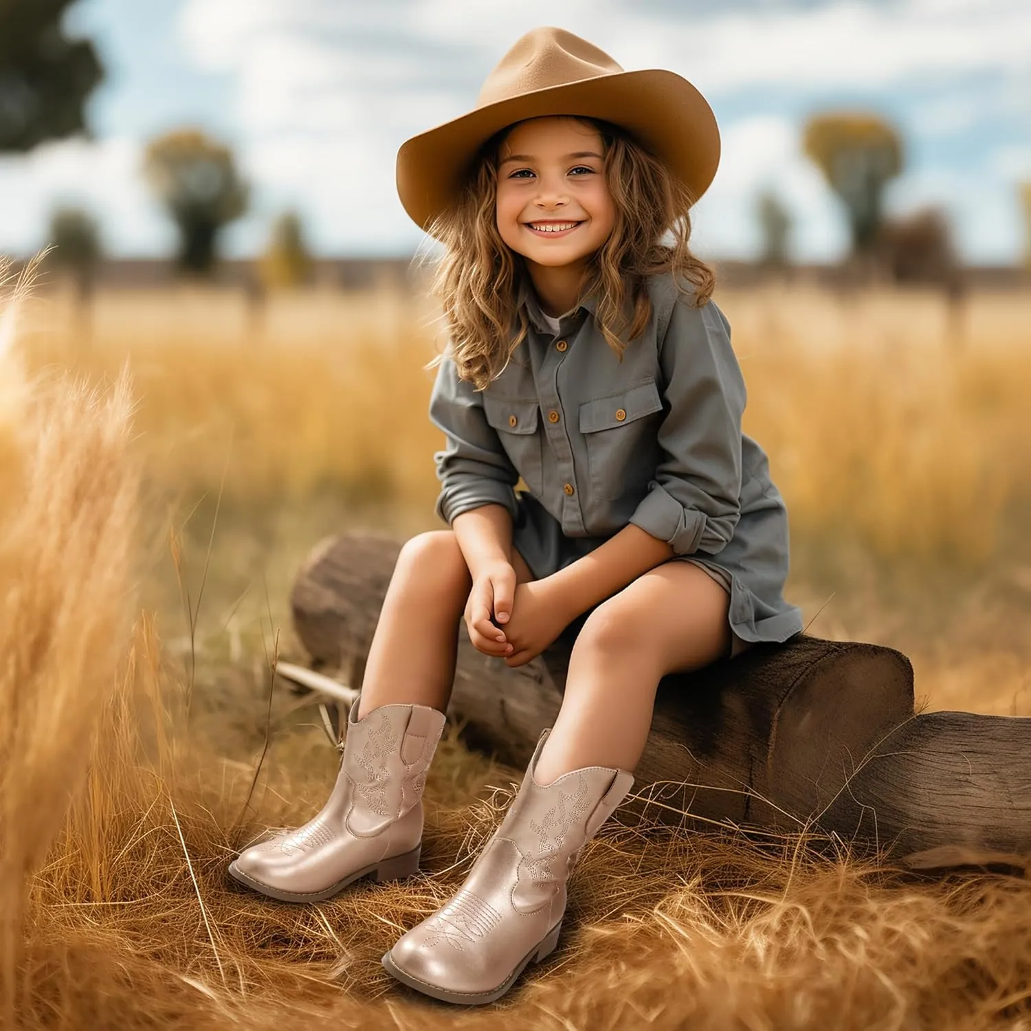PANDANINJIA Girls Toddler Cowgirl Boots Riding Round Toe Western Blue Calf High 12 Months