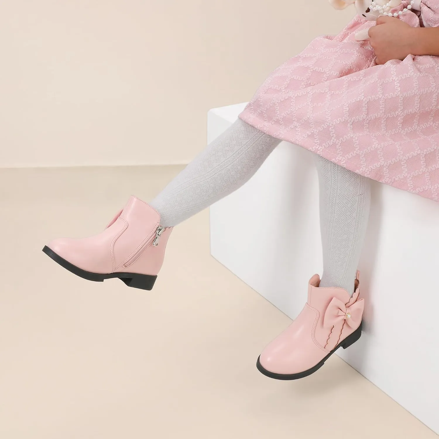 PANDANINJIA Toddler/Little Kid Girl's Clara Fashion Short Ankle Boots Pearls Bow Dress Booties with Zipper