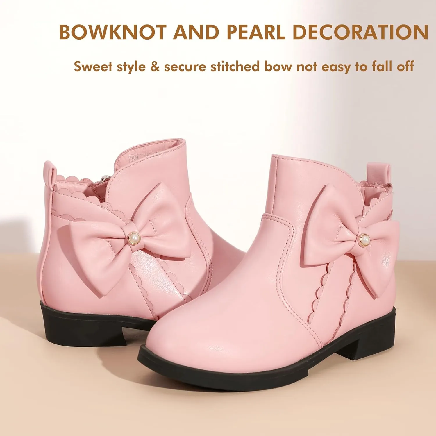 PANDANINJIA Toddler/Little Kid Girl's Clara Fashion Short Ankle Boots Pearls Bow Dress Booties with Zipper