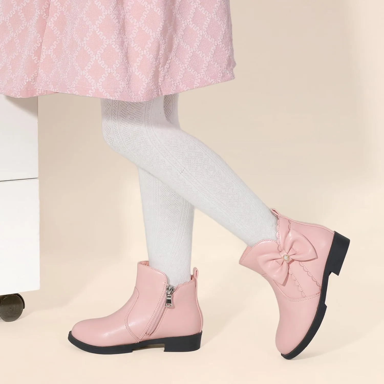 PANDANINJIA Toddler/Little Kid Girl's Clara Fashion Short Ankle Boots Pearls Bow Dress Booties with Zipper