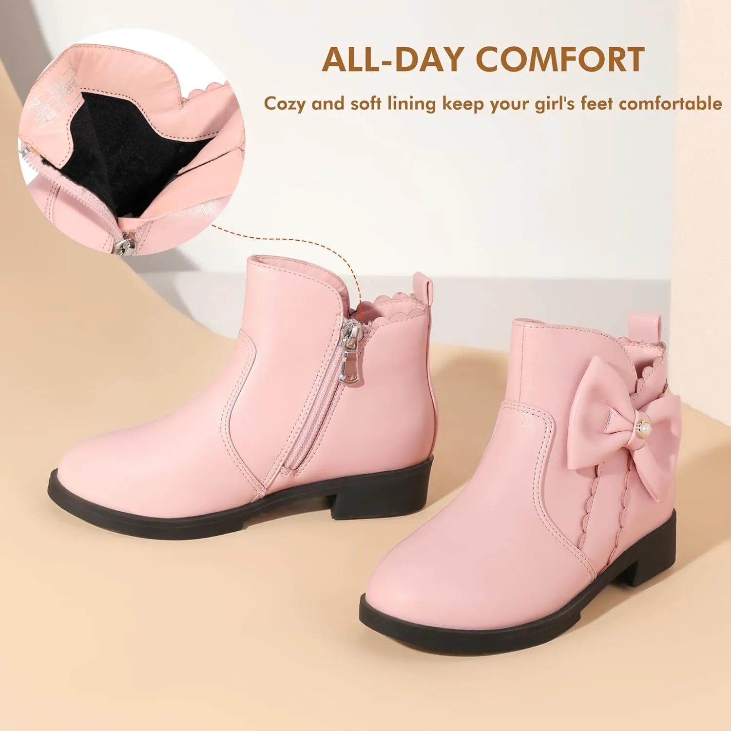 PANDANINJIA Toddler/Little Kid Girl's Clara Fashion Short Ankle Boots Pearls Bow Dress Booties with Zipper