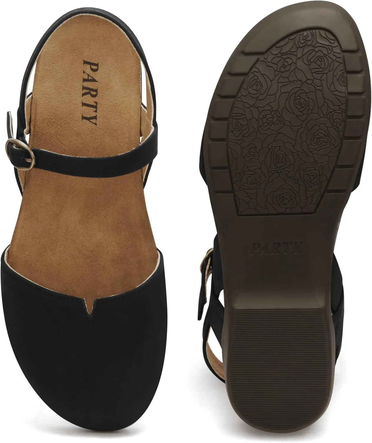 PARTY Closed Toe Sandals Women, Barefoot Arch Support Flat Sandals for Office Work and Travel with Comfortable Cork Footbed