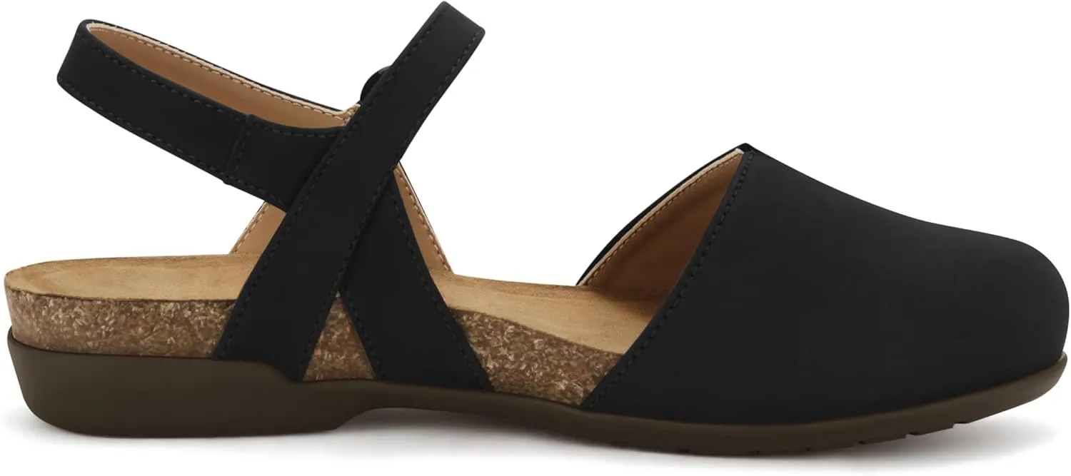 PARTY Closed Toe Sandals Women, Barefoot Arch Support Flat Sandals for Office Work and Travel with Comfortable Cork Footbed