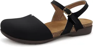 PARTY Closed Toe Sandals Women, Barefoot Arch Support Flat Sandals for Office Work and Travel with Comfortable Cork Footbed