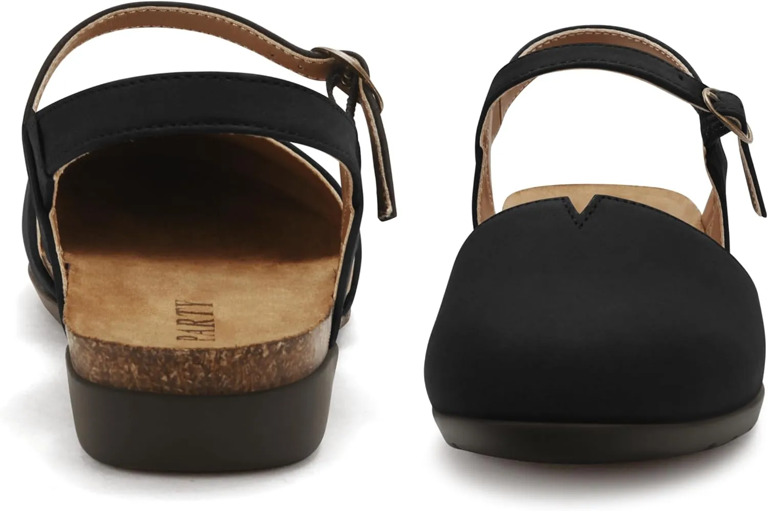 PARTY Closed Toe Sandals Women, Barefoot Arch Support Flat Sandals for Office Work and Travel with Comfortable Cork Footbed