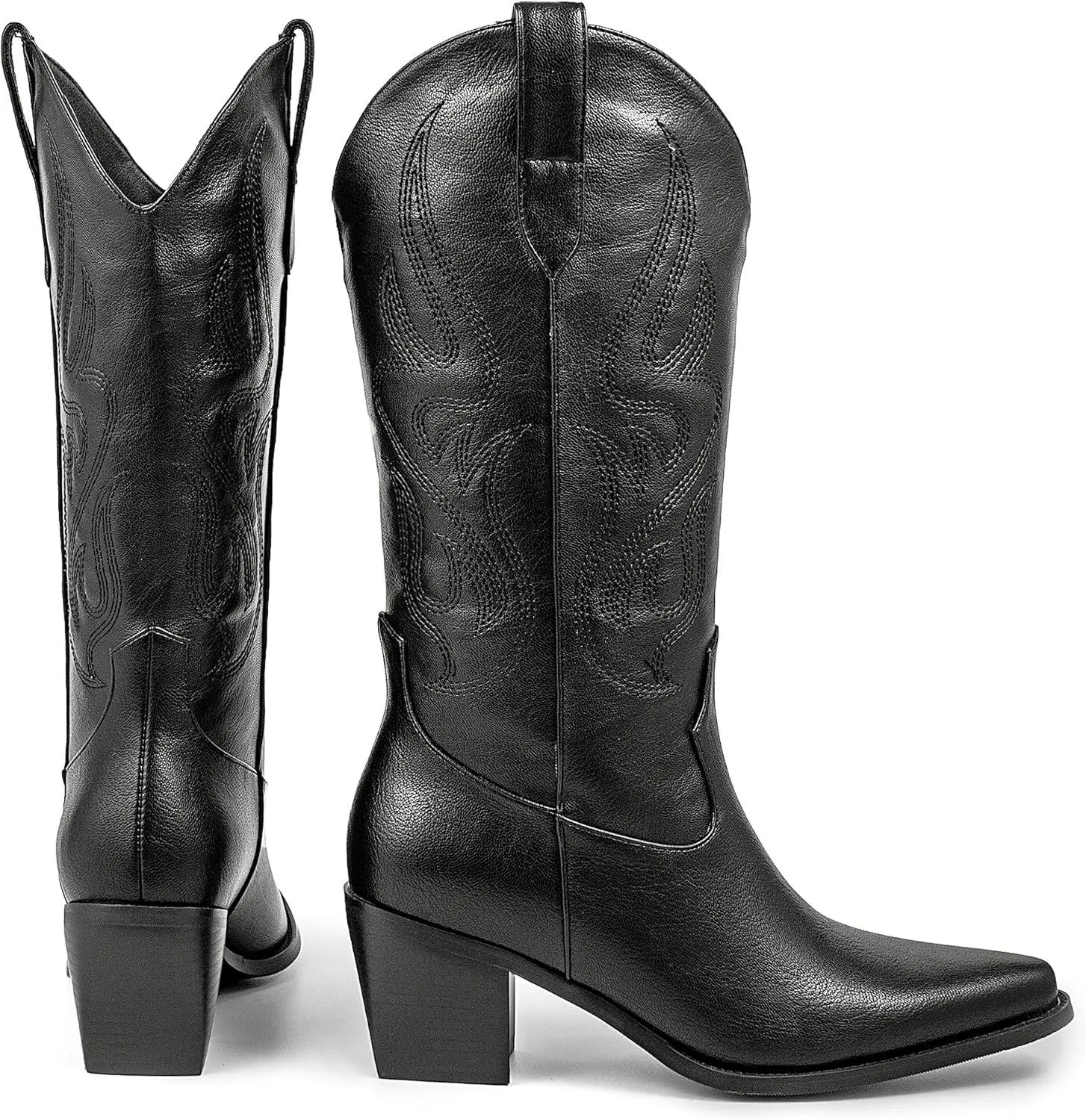 Pasuot Cowboy Boots for Women - Cowgirl Western Mid Calf Boots with Embroidery, Pointed Toe Retro Chunky Heel Slip On Fashion Classic Short Boots Pull On for Ladies Summer Fall