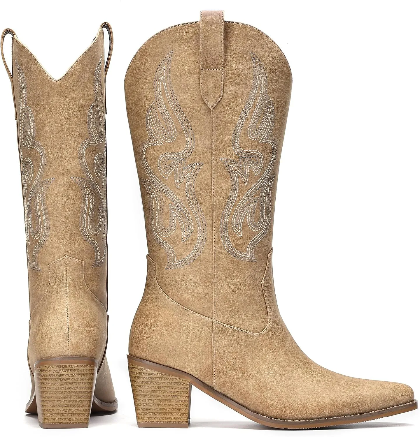 Pasuot Cowboy Boots for Women - Cowgirl Western Mid Calf Boots with Embroidery, Pointed Toe Retro Chunky Heel Slip On Fashion Classic Short Boots Pull On for Ladies Summer Fall