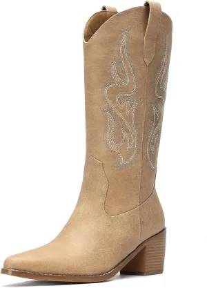 Pasuot Cowboy Boots for Women - Cowgirl Western Mid Calf Boots with Embroidery, Pointed Toe Retro Chunky Heel Slip On Fashion Classic Short Boots Pull On for Ladies Summer Fall
