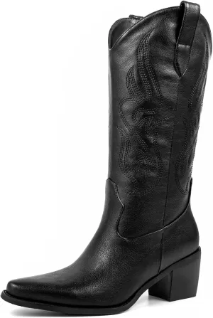Pasuot Cowboy Boots for Women - Cowgirl Western Mid Calf Boots with Embroidery, Pointed Toe Retro Chunky Heel Slip On Fashion Classic Short Boots Pull On for Ladies Summer Fall