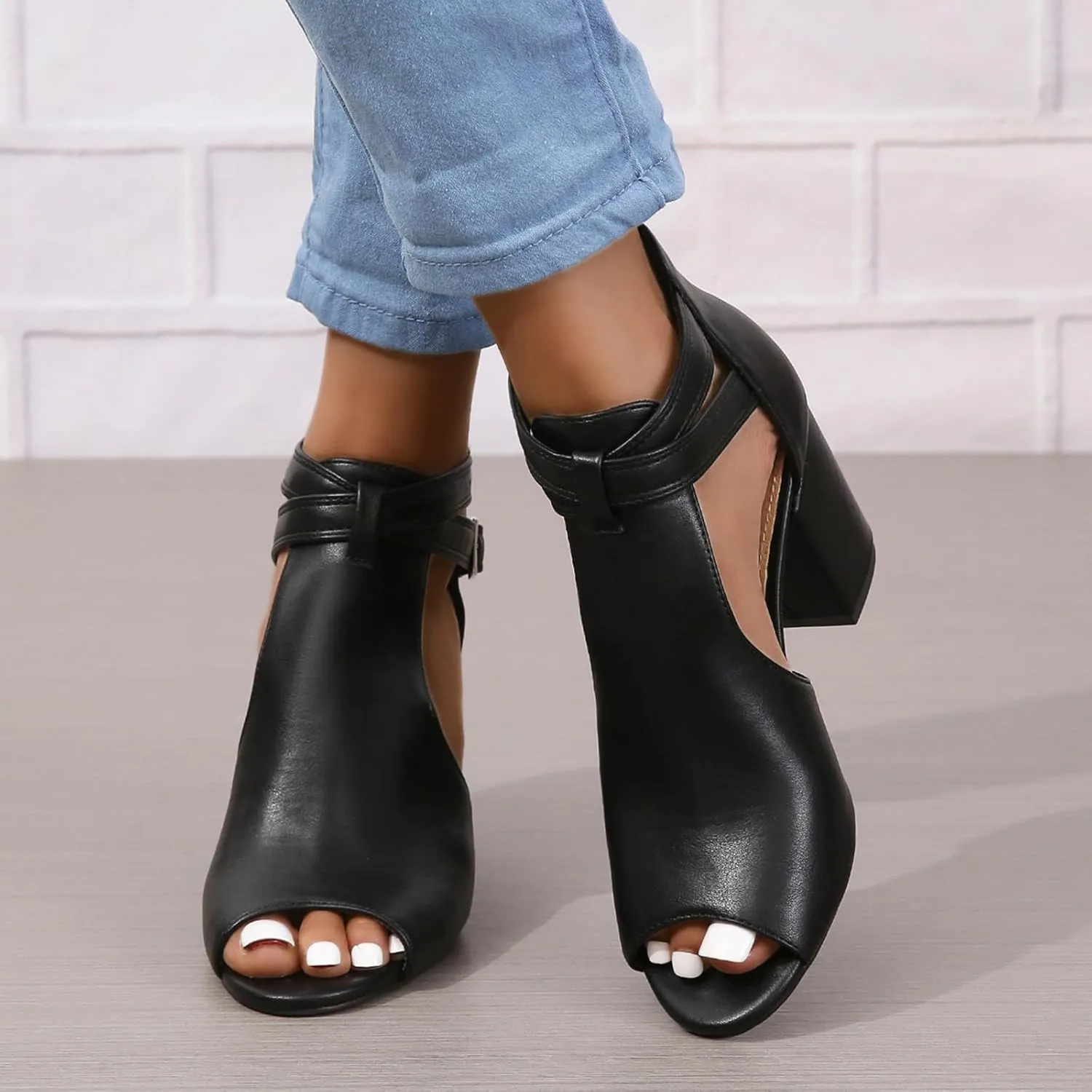 Peep Toe Heeled Sandals for Women Open Toe Side Cutout Chunky Heels Adjustable Ankle Buckle Summer Booties US5-11