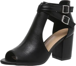 Peep Toe Heeled Sandals for Women Open Toe Side Cutout Chunky Heels Adjustable Ankle Buckle Summer Booties US5-11