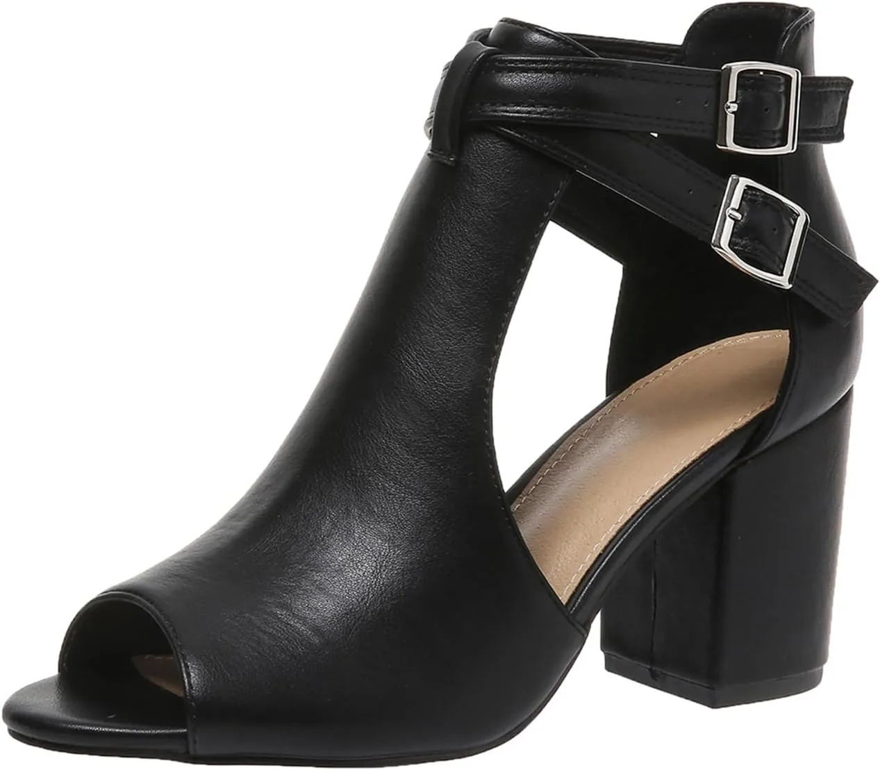 Peep Toe Heeled Sandals for Women Open Toe Side Cutout Chunky Heels Adjustable Ankle Buckle Summer Booties US5-11