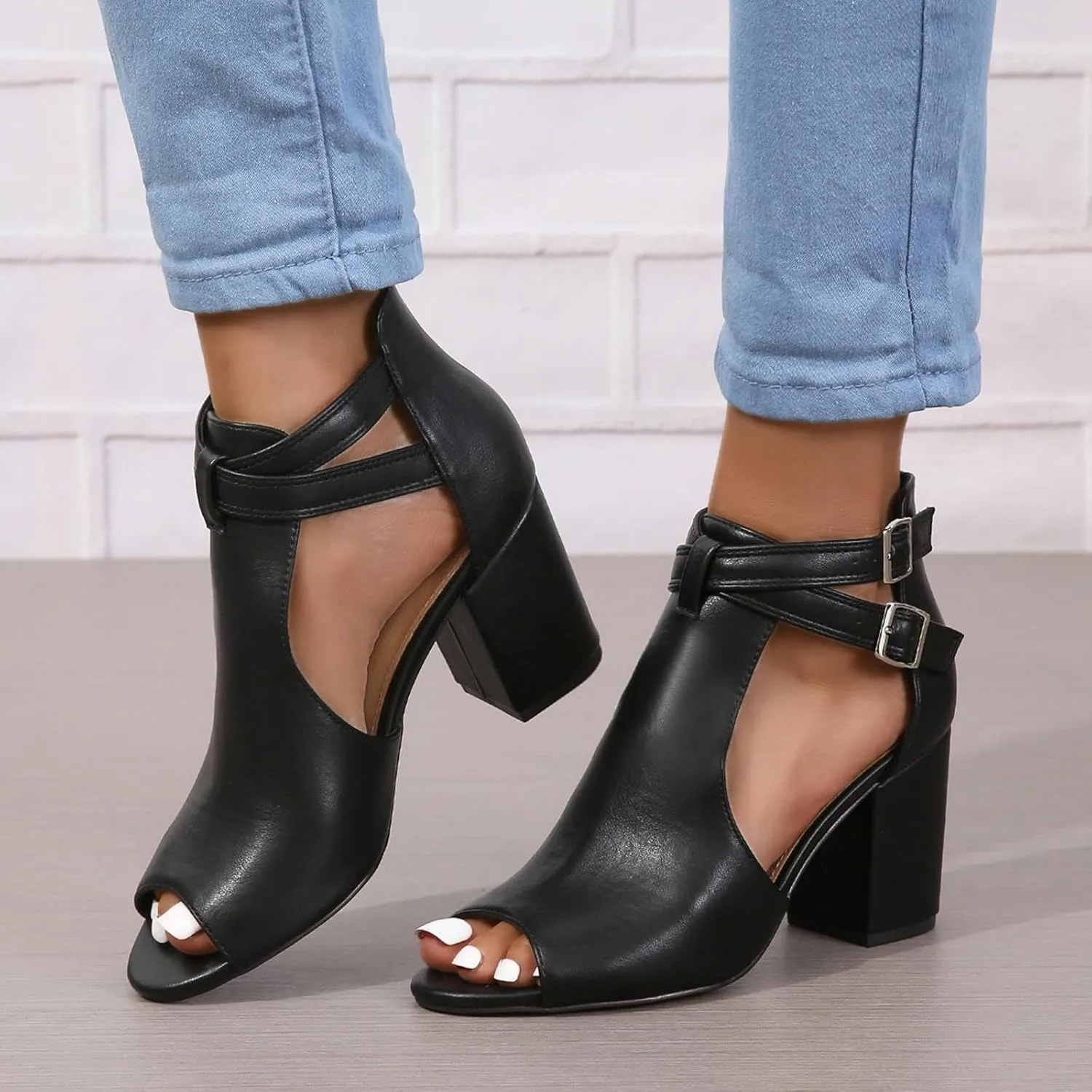 Peep Toe Heeled Sandals for Women Open Toe Side Cutout Chunky Heels Adjustable Ankle Buckle Summer Booties US5-11