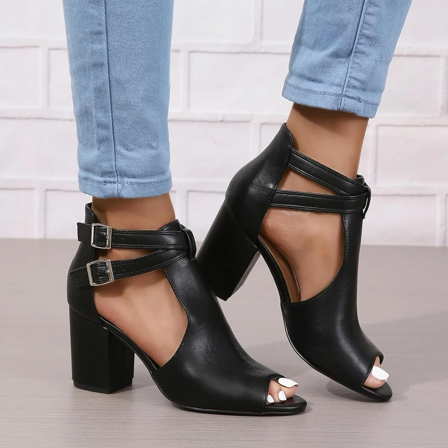 Peep Toe Heeled Sandals for Women Open Toe Side Cutout Chunky Heels Adjustable Ankle Buckle Summer Booties US5-11