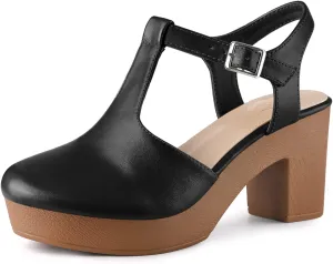 Perphy Platform T-Strap Shoes Chunky Heels Mules Sandals for Women