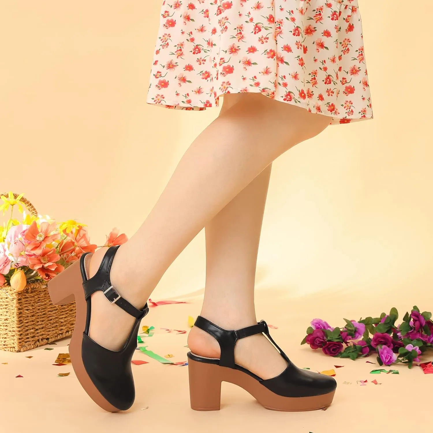 Perphy Platform T-Strap Shoes Chunky Heels Mules Sandals for Women