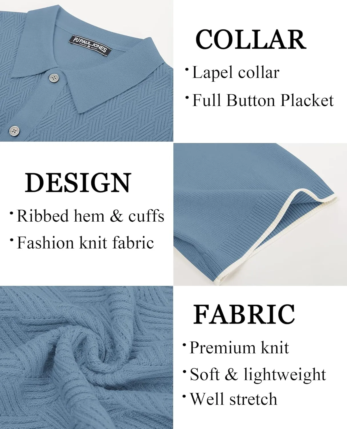 PJ PAUL JONES Mens Polo Shirt Short Sleeve Casual Knit Textured Button Down Polo Shirts with Pocket