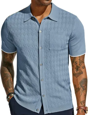 PJ PAUL JONES Mens Polo Shirt Short Sleeve Casual Knit Textured Button Down Polo Shirts with Pocket