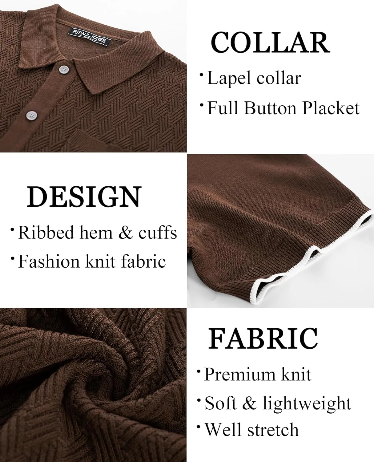 PJ PAUL JONES Mens Polo Shirt Short Sleeve Casual Knit Textured Button Down Polo Shirts with Pocket