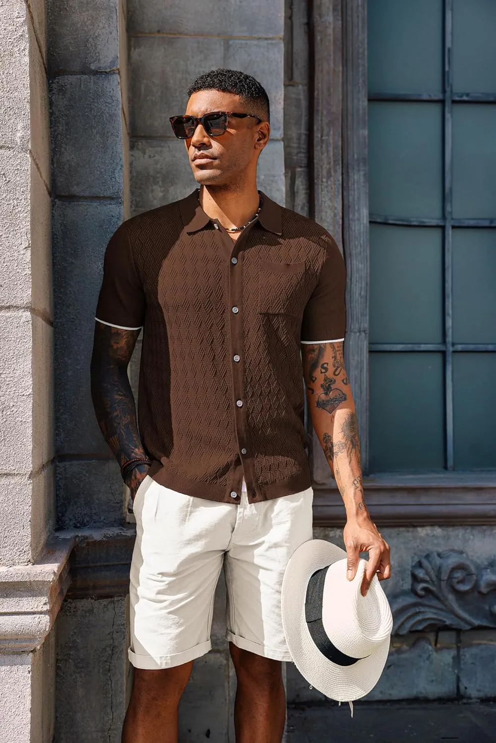 PJ PAUL JONES Mens Polo Shirt Short Sleeve Casual Knit Textured Button Down Polo Shirts with Pocket
