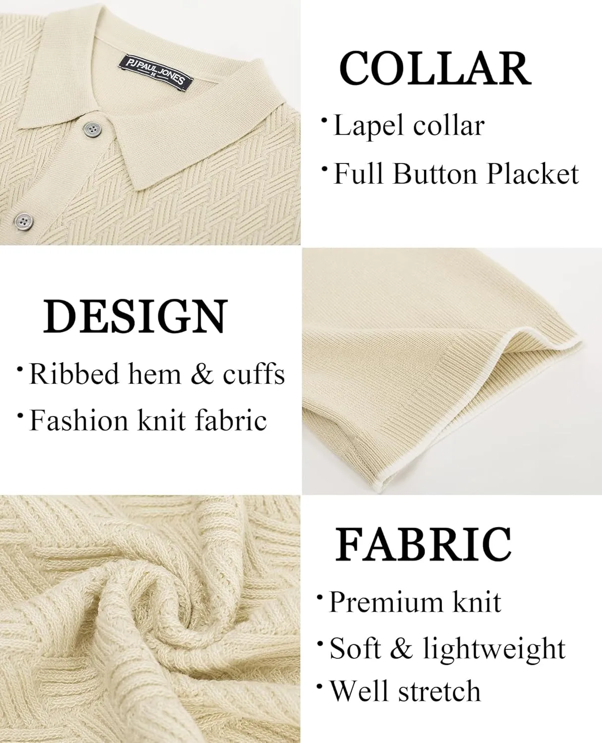 PJ PAUL JONES Mens Polo Shirt Short Sleeve Casual Knit Textured Button Down Polo Shirts with Pocket