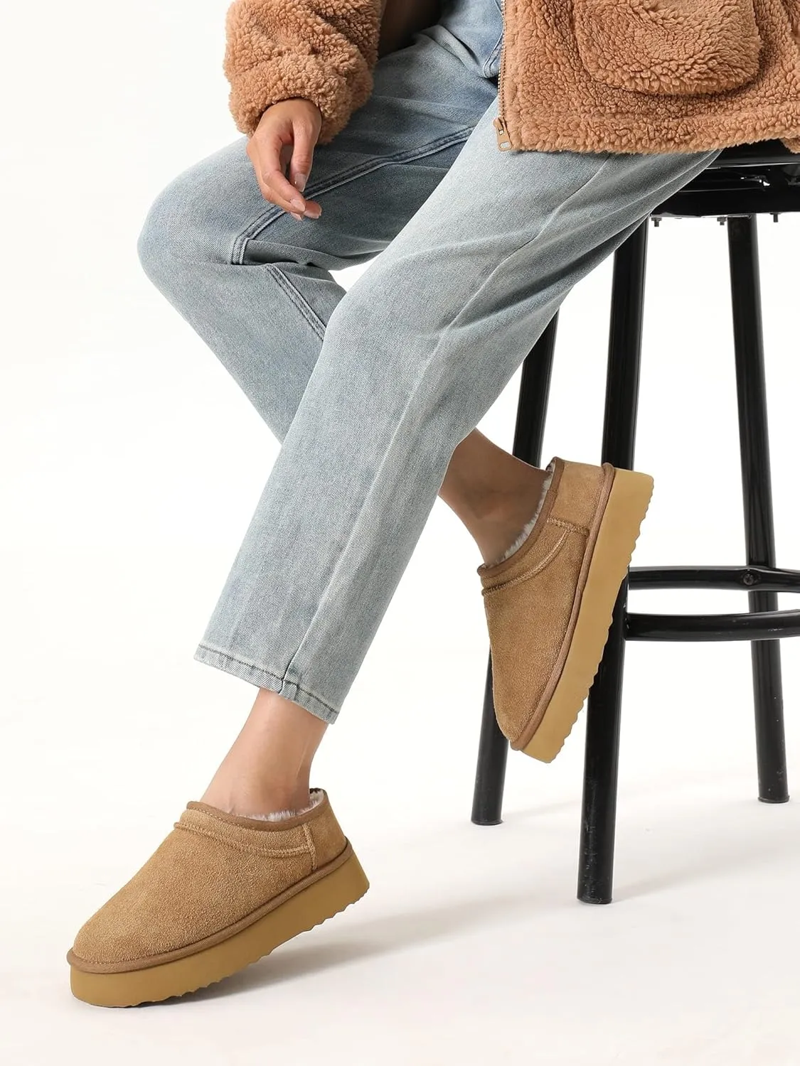 Platform Slippers for Women Genuine Suede Ankle Snow Boots Indoor Outdoor Winter Fur Slip On Mules