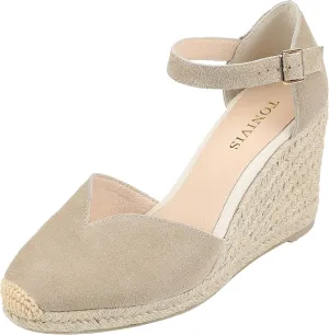 Platform Wedges Sandals for Women, 3" Wedge, Ankle-Strap, Cap Toe, Summer Espadrilles Heel Shoes