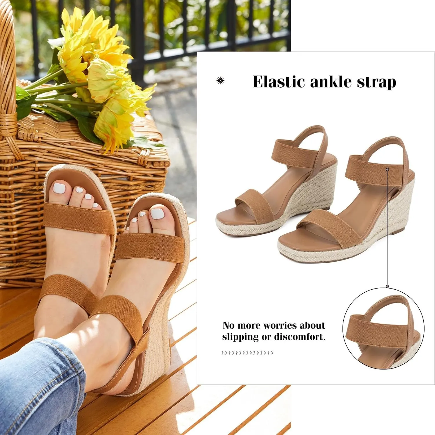 Putu Espadrille Platform Wedge Sandals for Women Square Open Toe Dressy Wedges with Elastic Ankle Strap