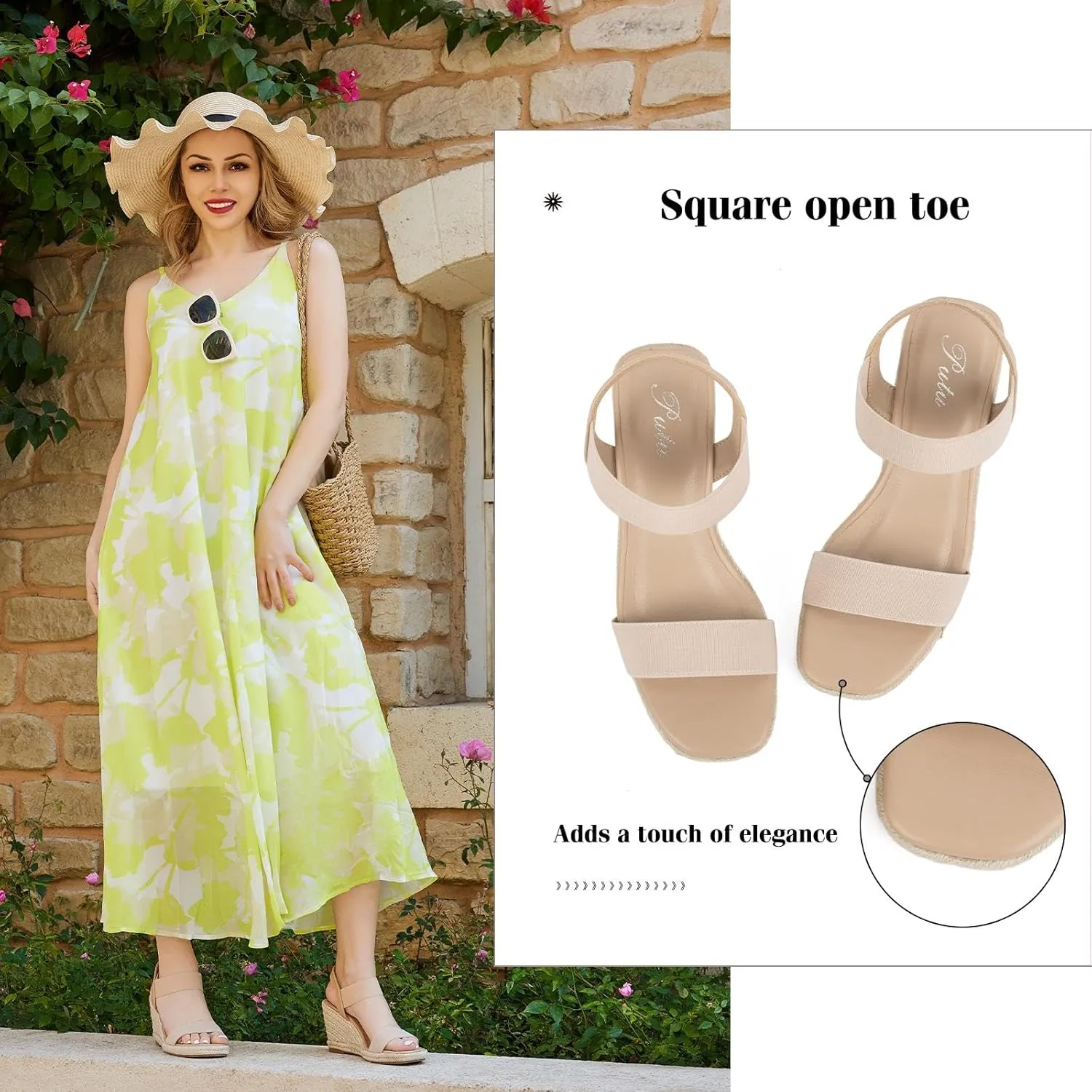 Putu Espadrille Platform Wedge Sandals for Women Square Open Toe Dressy Wedges with Elastic Ankle Strap